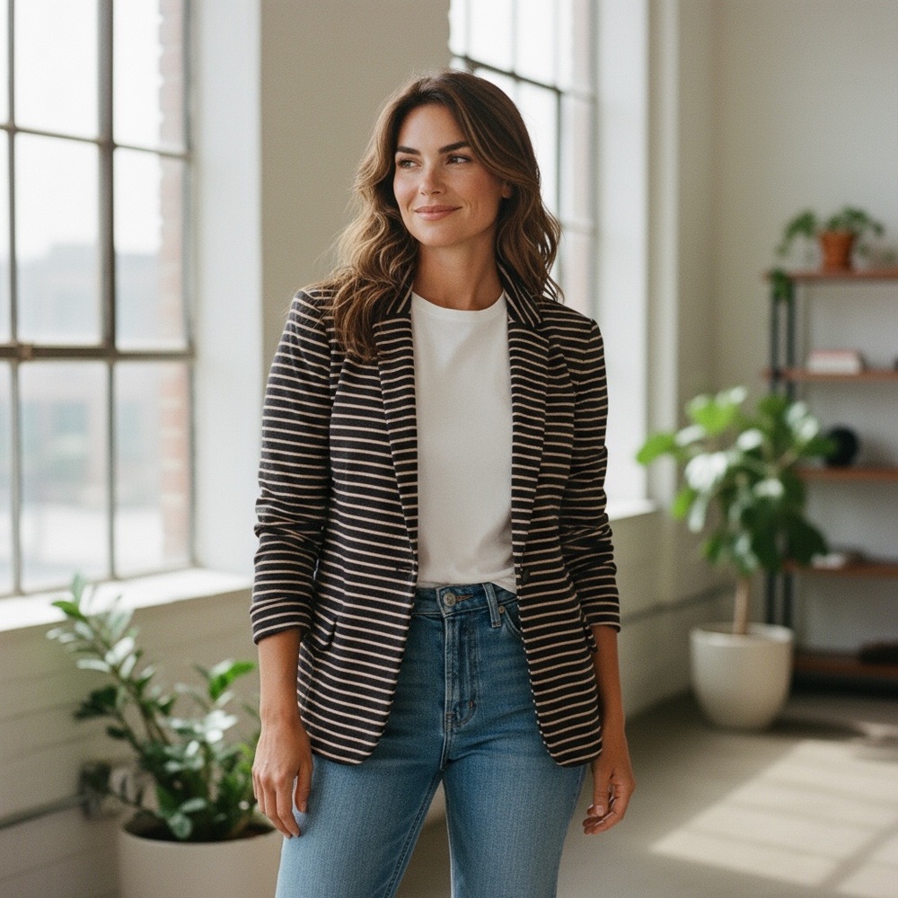 J.Crew Striped Blazer | Black & Tan | Size Medium | Classic Preppy Workwear